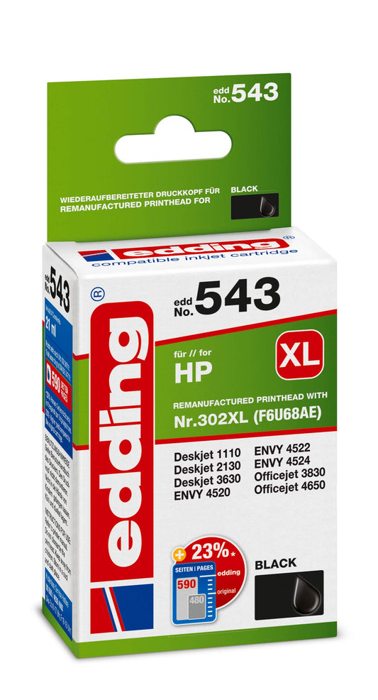edding printera kasetne EDD-543 - melna, 21 ml, 590 lapas, aizstāj HP 302XL (F6U68AE)