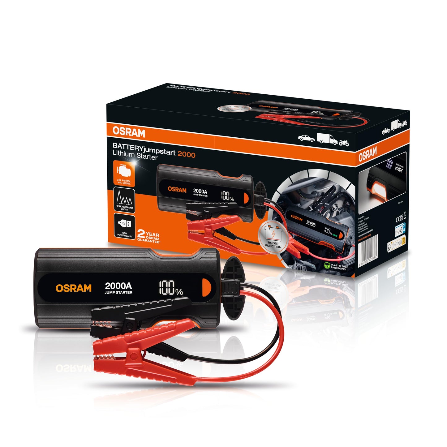OSRAM BATTERYjumpstart 2000, litija starthilfegerät 12V, 2000A auto akumulatora starteris, Powerbank USB-C, benzīna motoriem līdz 8L un dīzeļiem līdz 4L