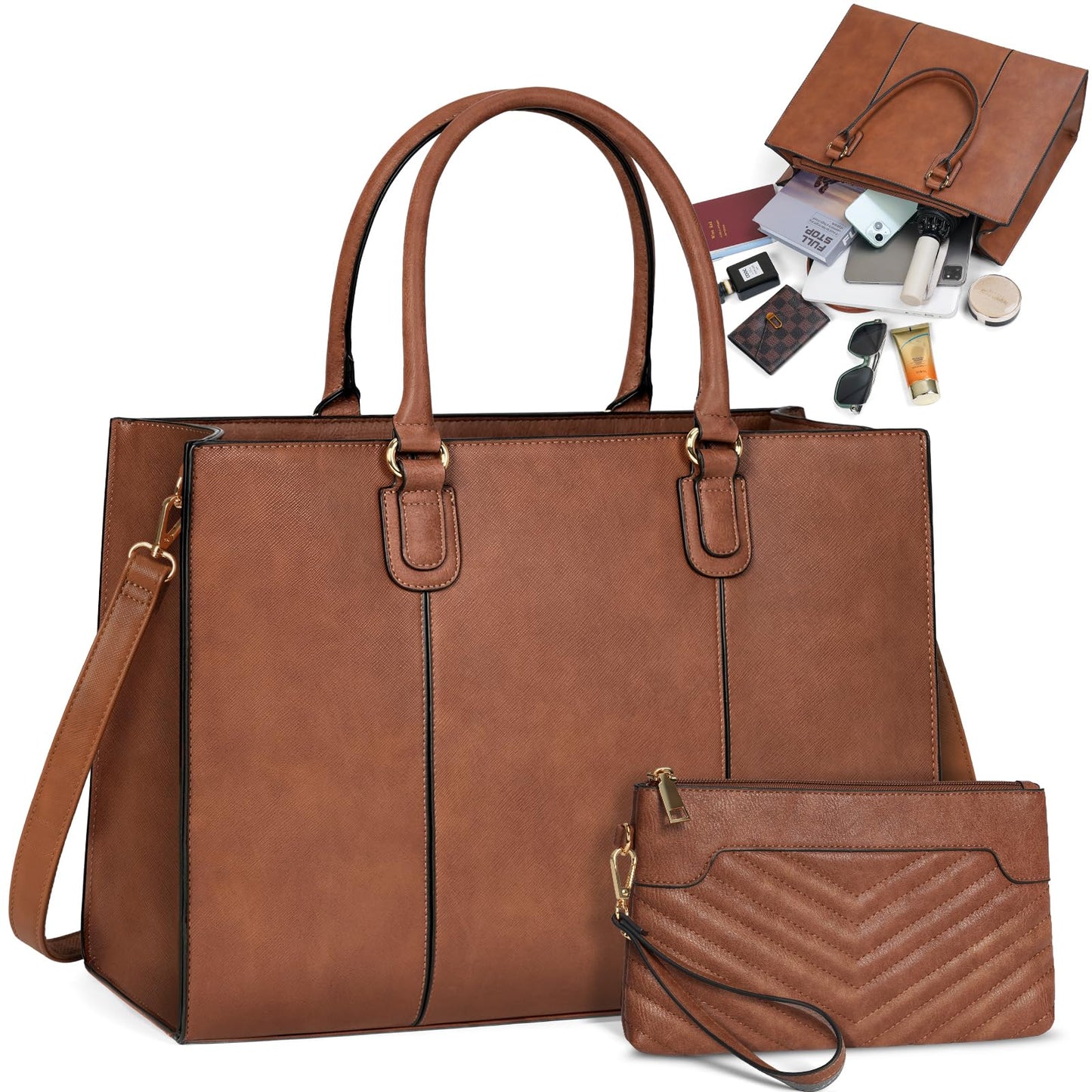 NEWHEY sieviešu soma 15,6 collas, liela shopper soma, darba soma ar clutch, PU ādas portfelis, sieviešu klēpjdatora soma, messenger pleca soma skolai, birojam, ceļojumiem un biznesam
