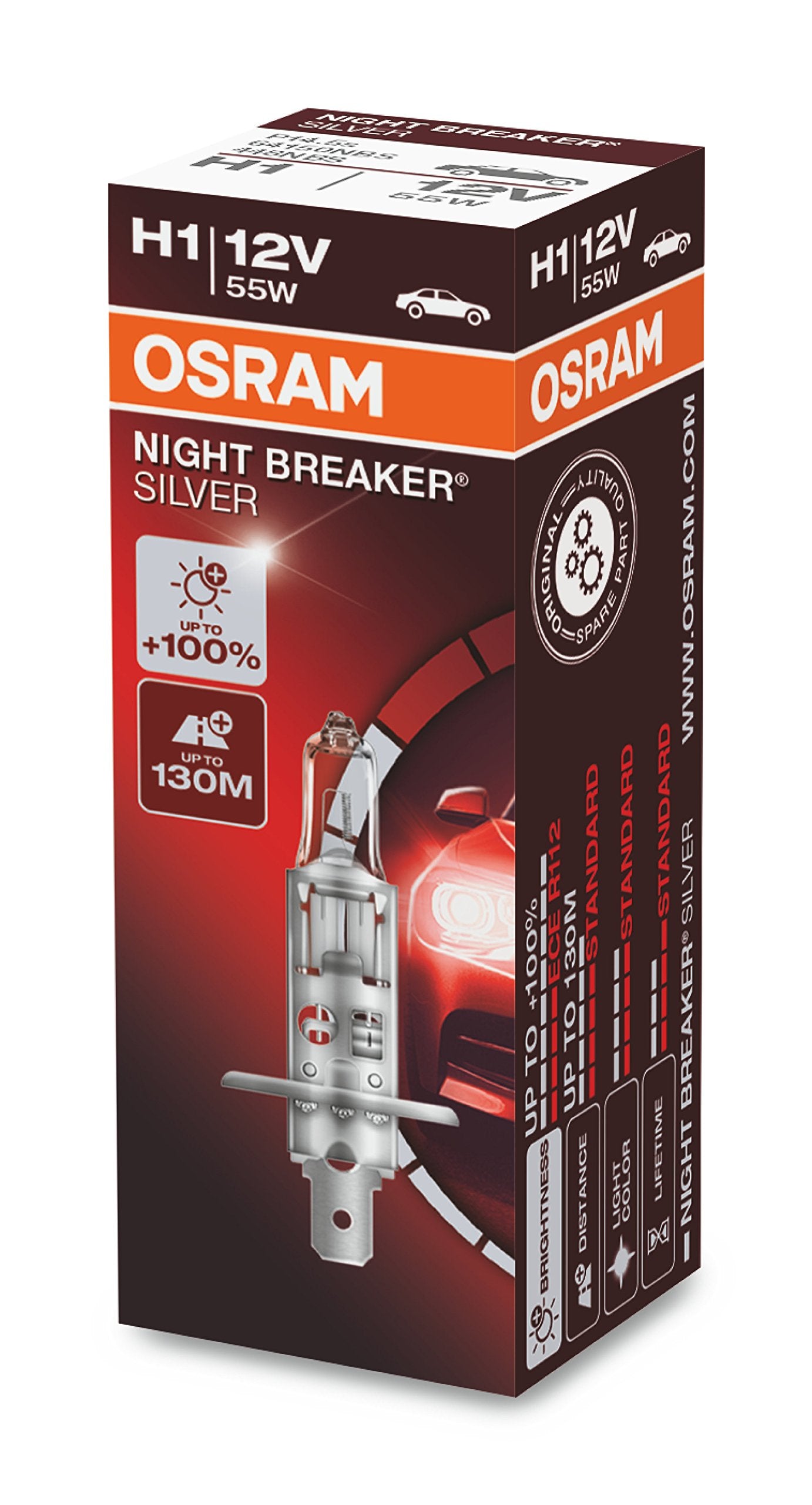Osram Night Breaker Silver H1, +100% vairāk gaismas, halogēna luktura spuldze, 64150NBS, 12V personīgajiem automobiļiem, salokāmā kastē (1 spuldze)