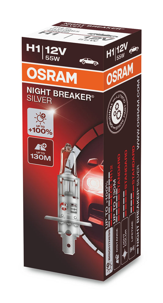 Osram Night Breaker Silver H1, +100% vairāk gaismas, halogēna luktura spuldze, 64150NBS, 12V personīgajiem automobiļiem, salokāmā kastē (1 spuldze)