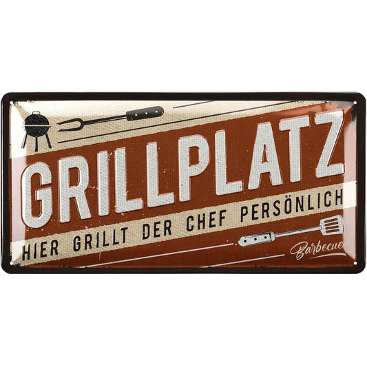 LANOLU retro skārda zīme grilēšanai - GRILLPLATZ - BBQ grill retro dekors - grila zonas zīme dārzam - dāvana tētim grila stūrītim - Chill Lounge zīme, 17x34 cm