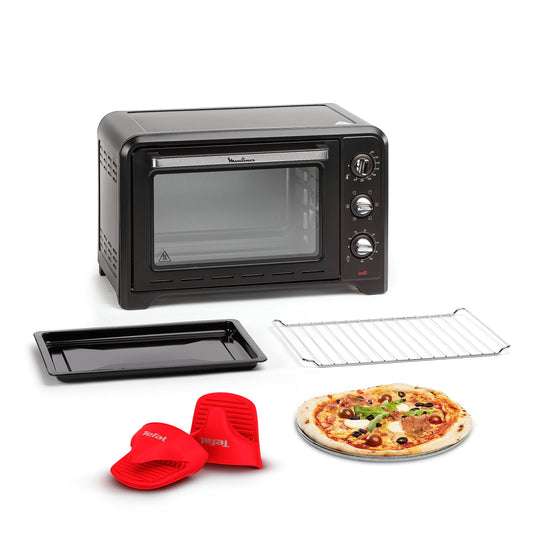 Moulinex stāvošā krāsns 33 l, gaisa cirkulācija, augstākā konvekcija, 6 gatavošanas režīmi, regulējams termostats līdz 240 °C, taimeris 120 min, apgriežams režģis, silikona karstuma aizsargi, Optimo, melns, OX464811