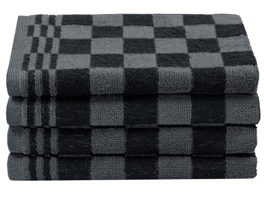 Virtuves dvieļi ZOLLNER, 4 gab., kokvilna, 50x50 cm, melni rūtaini, uzsūcoši un izturīgi, mazgājami līdz 60°C, profesionāla kvalitāte, STANDARD 100 by OEKO-TEX
