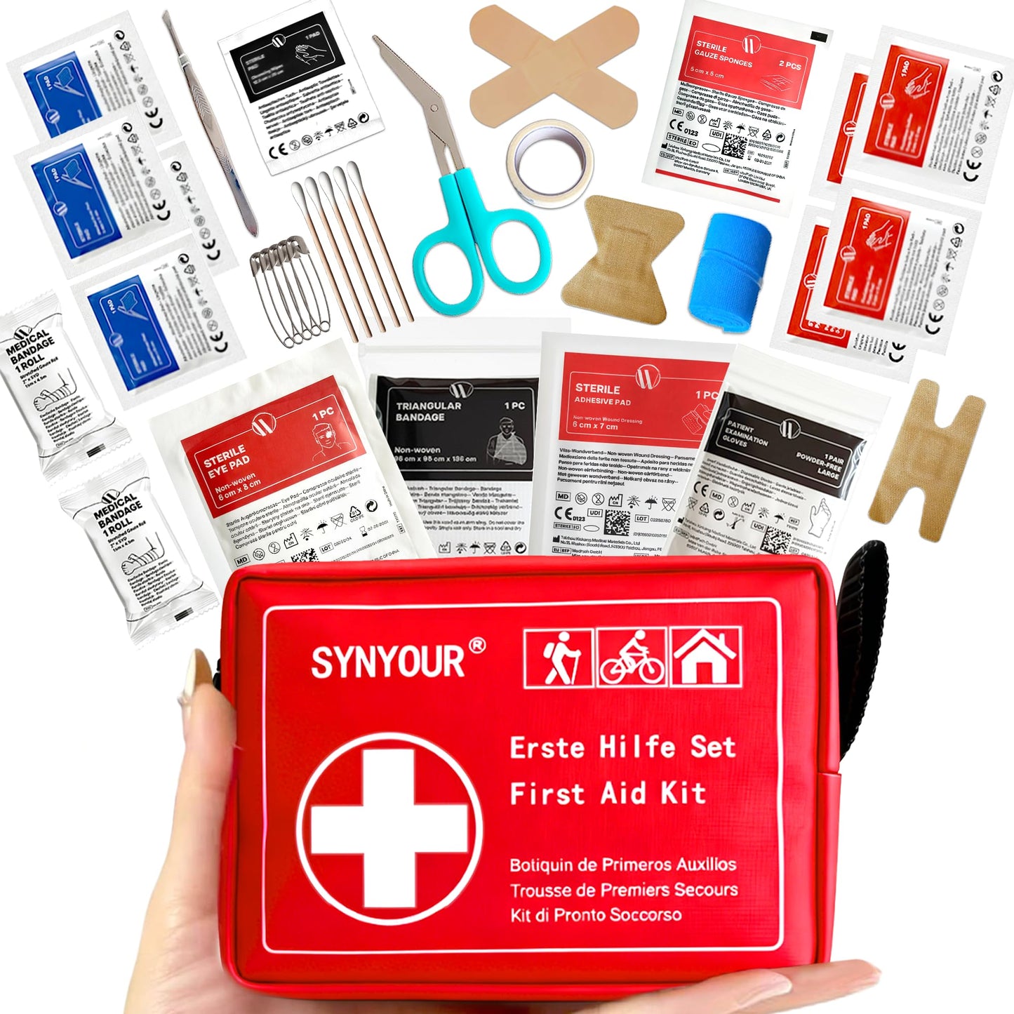 SYNYOUR Mini pirmās palīdzības komplekts, 80 daļas ceļojumu aptieciņa āra aktivitātēm, ceļojumiem, pārgājieniem, velosipēdam, kempingam, mājām, bērniem, atvaļinājumam, maza pārsēju soma