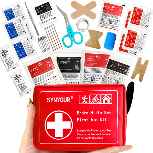 SYNYOUR Mini pirmās palīdzības komplekts, 80 daļas ceļojumu aptieciņa āra aktivitātēm, ceļojumiem, pārgājieniem, velosipēdam, kempingam, mājām, bērniem, atvaļinājumam, maza pārsēju soma