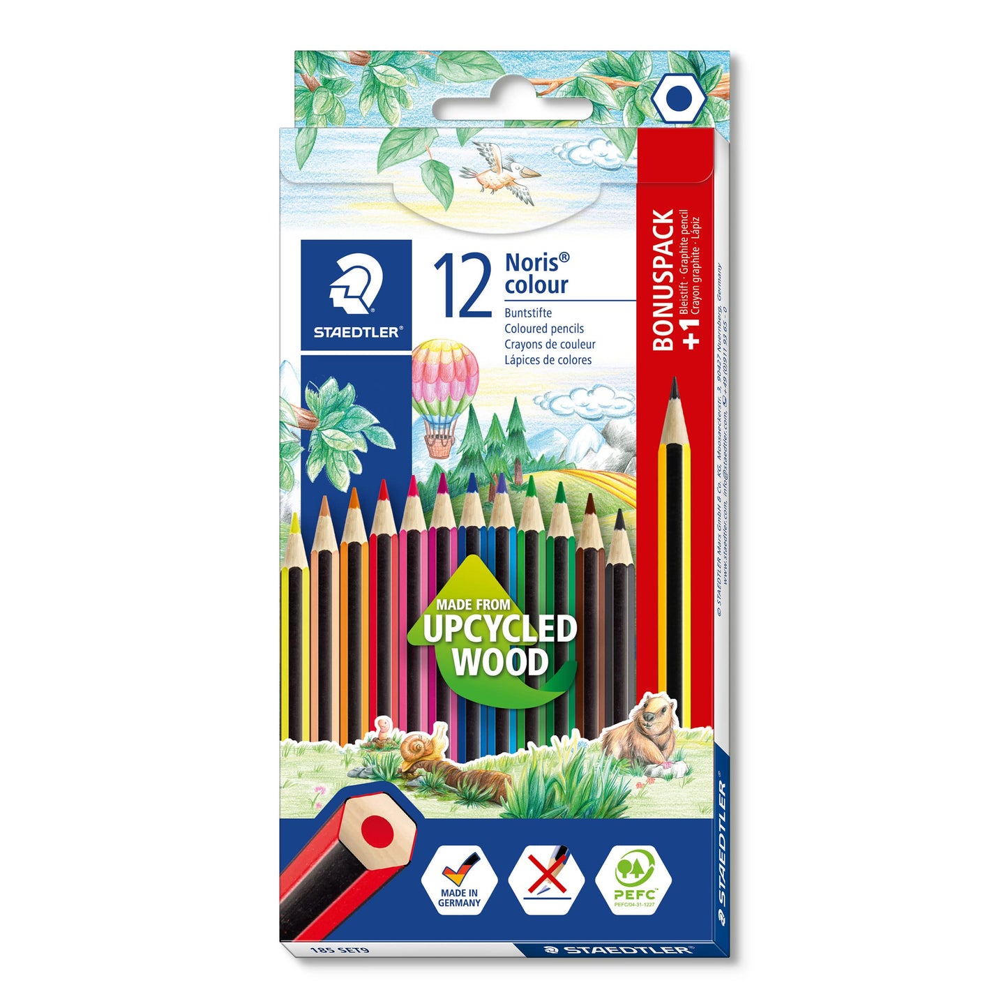 STAEDTLER Noris colour krāsainie zīmuļi, neslīdoša Soft virsma, augsta lūšanas izturība, no pārstrādātas koksnes, 12 krāsainie zīmuļi + 1 grafīta zīmulis, 185 SET9