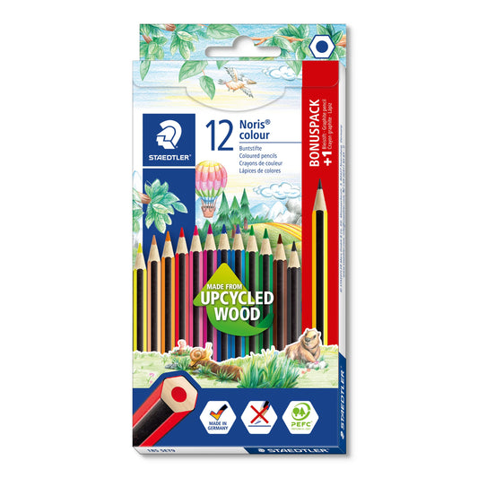 STAEDTLER Noris colour krāsainie zīmuļi, neslīdoša Soft virsma, augsta lūšanas izturība, no pārstrādātas koksnes, 12 krāsainie zīmuļi + 1 grafīta zīmulis, 185 SET9