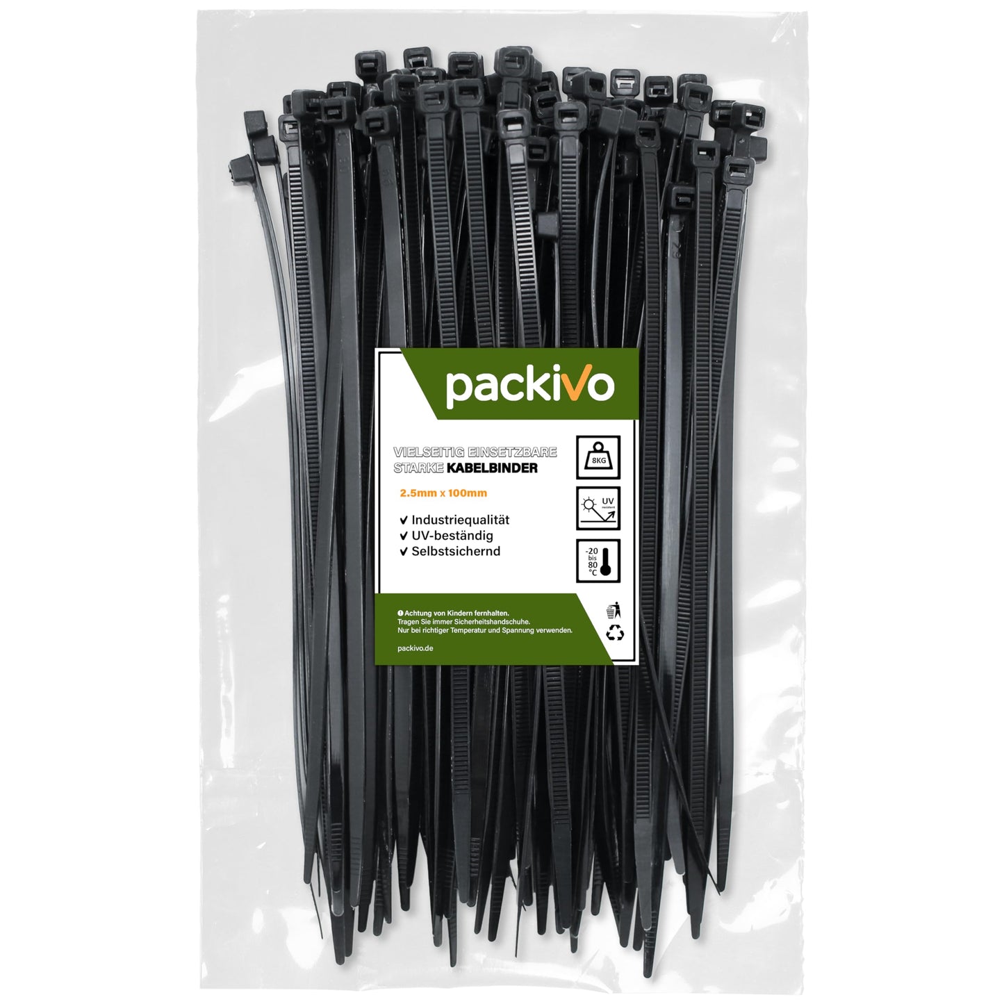 Kabeļu savilcēji packivo 2,5x100mm melni, 100 gab., 8kg stiepes izturība, UV izturīgi, industriāla kvalitāte