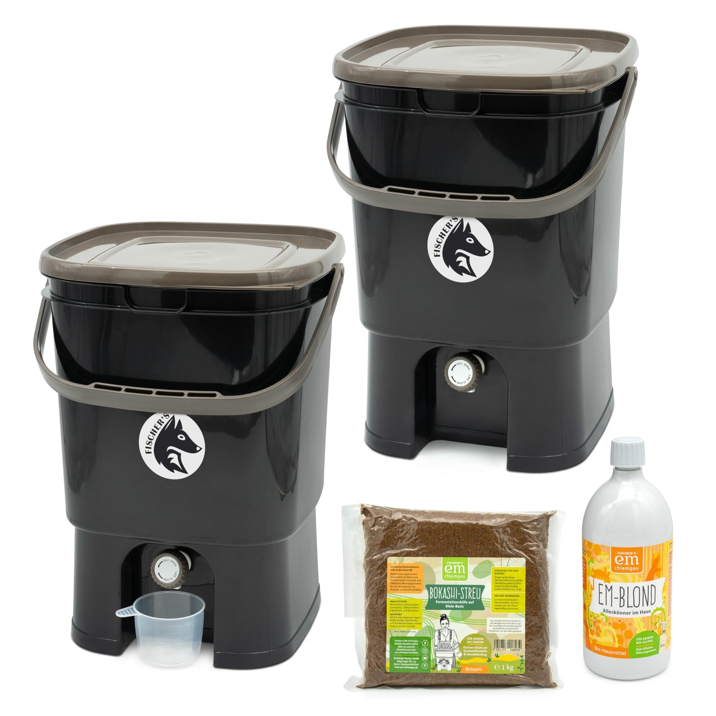 Bokashi komposta spainis virtuvei FairFox 2er Set [bez smakas], 2 x 19 L, ar piederumiem, EM 1 L + 1 Kg Bokashi fermentu