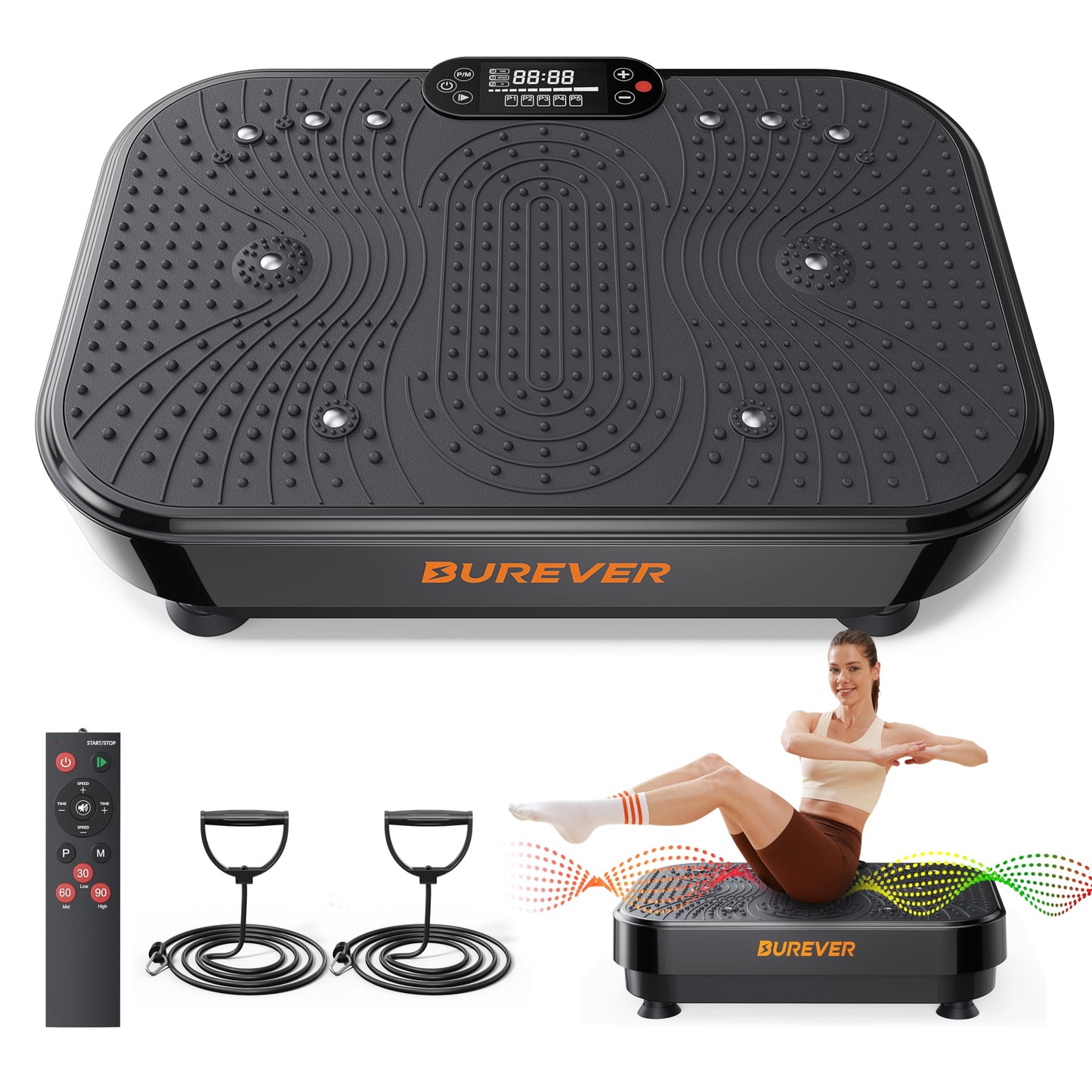Vibrācijas platforma Burever 150W, klusa pēdu masāža, muskuļu stiprināšanai un formēšanai, 99 intensitātes līmeņi, 5 treniņu programmas, tālvadības pults, pretestības lentes