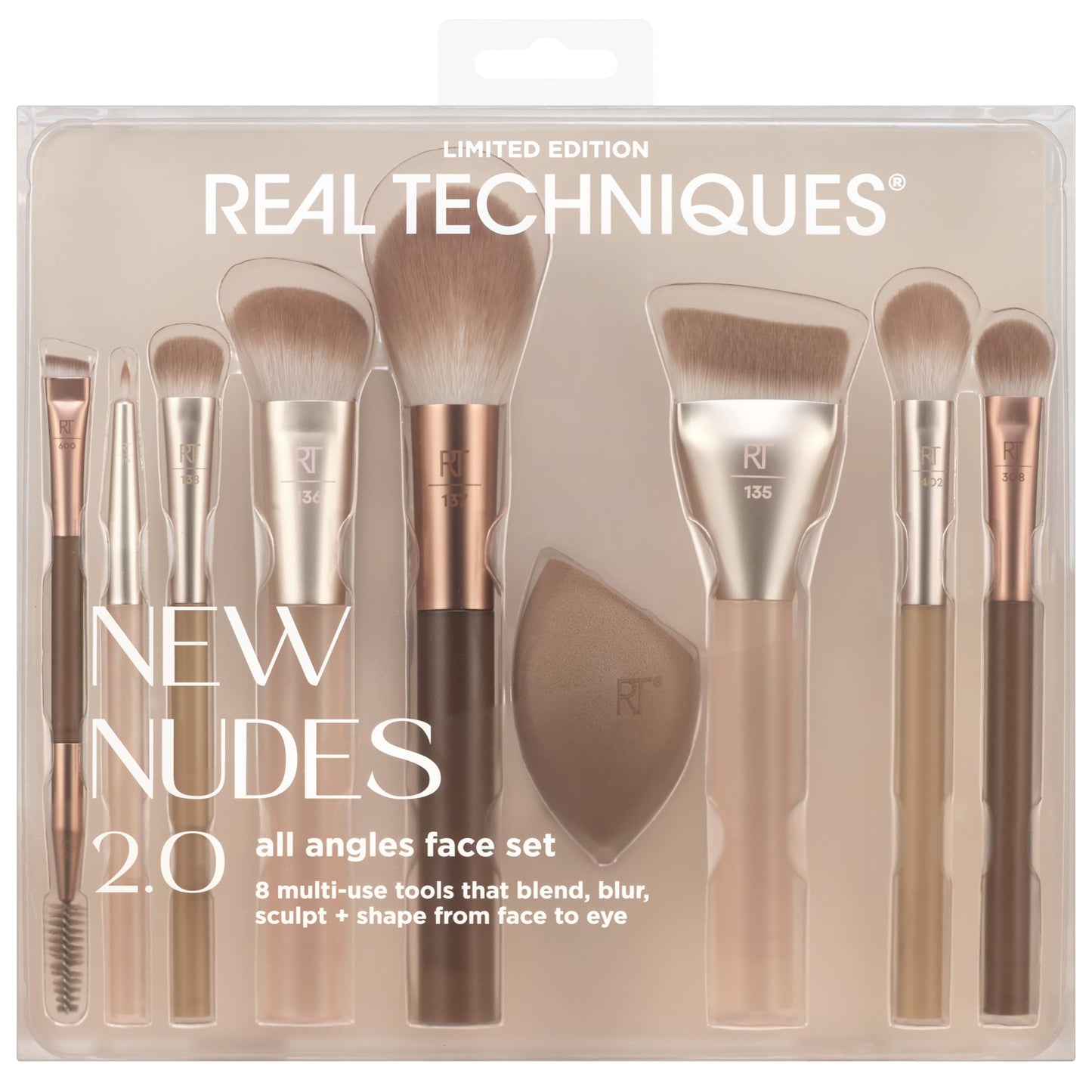 Sejas un acu grima otu komplekts Real Techniques New Nudes 2.0 All Angles Face, 10 gab. ar kosmētikas sūkli, tonālajam krēmam, korektoram, vaigu sārtumam un acu ēnām