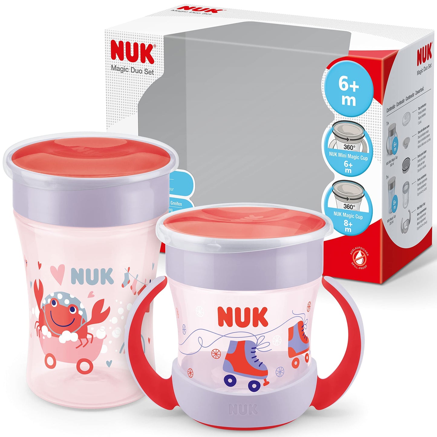 Mācību krūzīte NUK Magic Cup & Mini Magic Cup Duo-Set ar 360° dzeršanas maliņu, necaurtekams, 6+ mēneši, 160 ml un 230 ml, sarkans