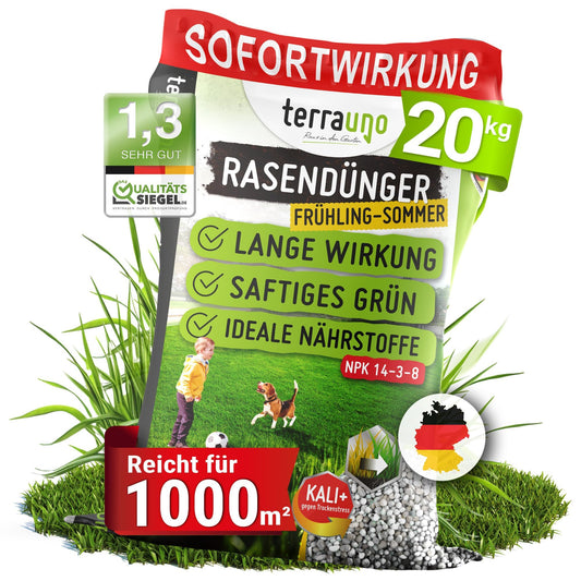 Zāliena mēslojums TerraUno pavasarim/vasarai, tūlītēja iedarbība, 20 kg līdz 1000 m², sulīgi zaļam un veselīgam zālienam, pret sausuma stresu, NPK mēslojums zālienam, piemērots izkliedētājam