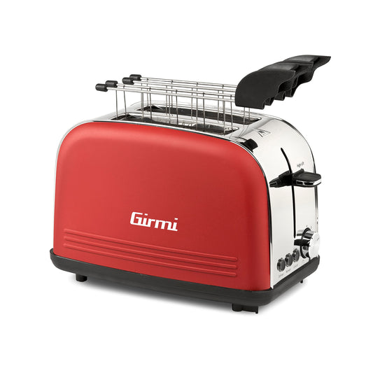 Girmi TP57 tosteris, 800 W, nerūsējošā tērauda korpuss un knaibles, lieli atveres, taimeris, 8 gatavošanas līmeņi, automātiskā izslēgšanās, drupatu savākšanas trauks, sarkans