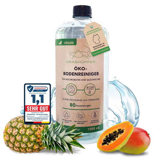 GRASHÜPFER® ekoloģisks grīdas tīrītājs robotam-putekļsūcējam [TROPISKS] – tīrīšanas līdzeklis saderīgs ar Roborock, Dreame, Ecovacs un citiem, laminātam, parketam, vinilam un flīzēm – 1000ml