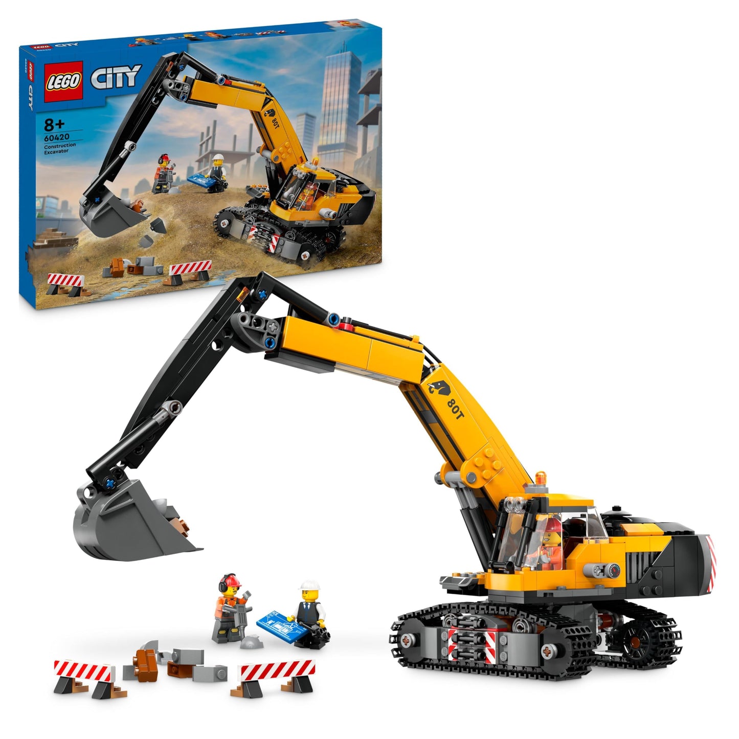 LEGO City kāpurķēžu ekskavators - būvniecības rotaļlieta ar ekskavatoru, kravas automašīnu un 3 minifigūrām, 8+ gadiem.
