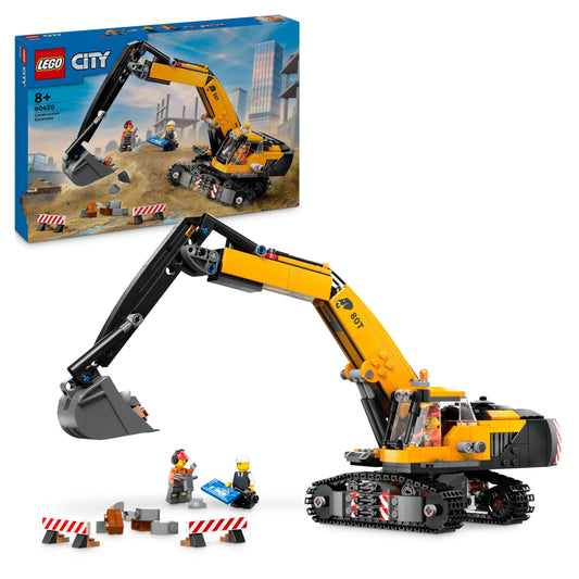 LEGO City kāpurķēžu ekskavators - būvniecības rotaļlieta ar ekskavatoru, kravas automašīnu un 3 minifigūrām, 8+ gadiem.