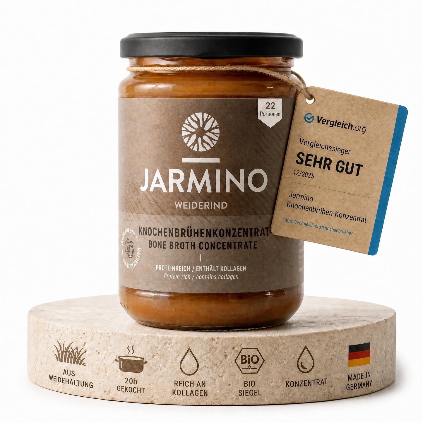 Kaltas kaulu buljona koncentrāts JARMINO Bio, liellopa buljons, Beef Bone Broth 220g liellops