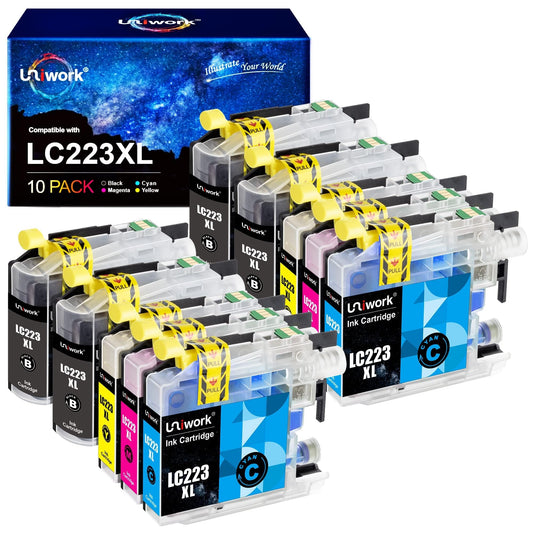 Uniwork LC223 XL saderīgas tintes kasetnes - 10 iepakojumi, saderīgas ar Brother MFC un DCP printeriem.