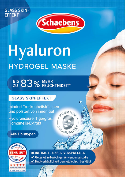 Schaebens hyaluronskābes hidrogel maska Mega Booster, intensīvi mitrinoša un ādu uzpildoša sejas maska ar hialuronskābi, tīģerzāli un pantenolu visiem ādas tipiem