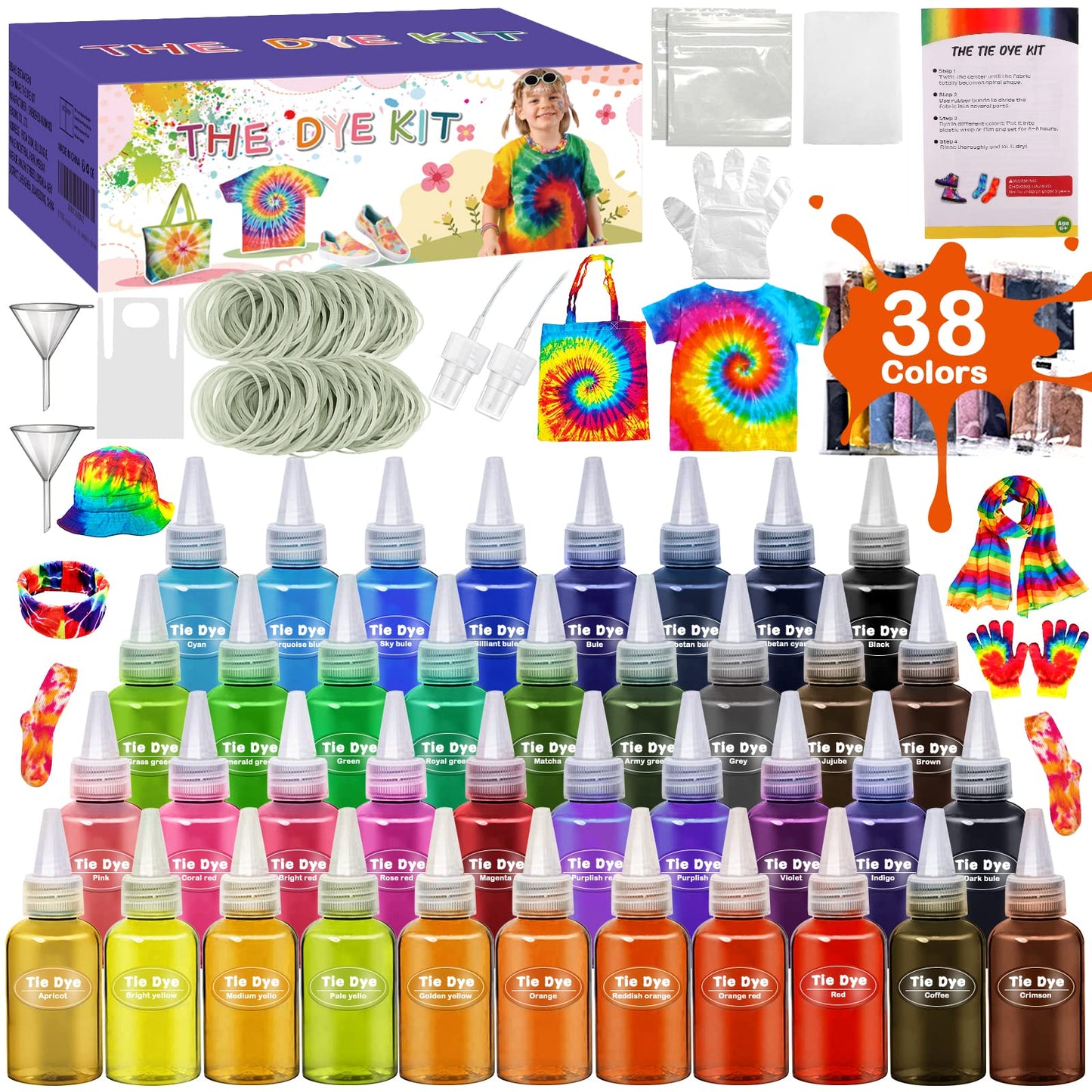 CIANBIFN batikas komplekts, 38 krāsas, DIY viss vienā tie dye komplekts ar gumijām, cimdiem un izspiežamām pudelēm bērniem un pieaugušajiem