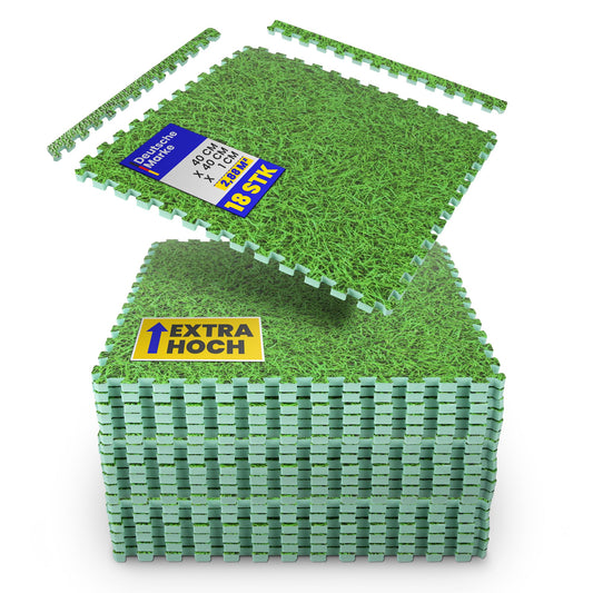 Aizsargpaklāji Bestlivings 40x40 cm, īpaši biezs 1 cm, 18 gab. komplekts / 2,88m², zāles dizains ar malu, grīdas aizsargpaklājs, puzles paklājs, modulārs un elastīgi paplašināms apakšklājs