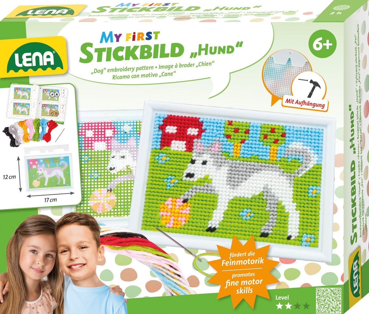 Lena 42626 izšūšanas komplekts suņa motīvam ar stīpu, adatu un dziju bērniem no 6 gadiem