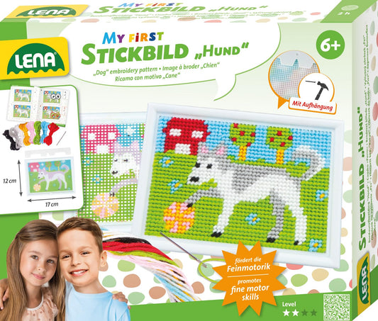 Lena 42626 izšūšanas komplekts suņa motīvam ar stīpu, adatu un dziju bērniem no 6 gadiem