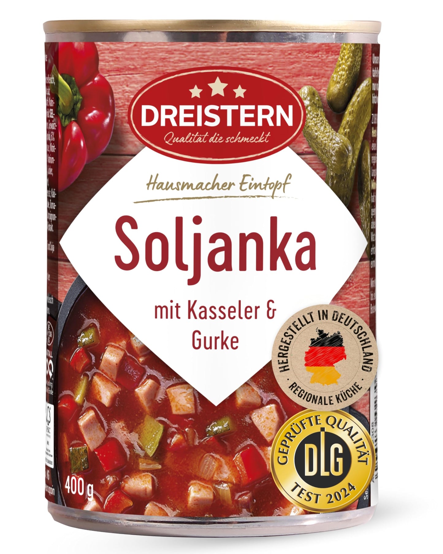 DREISTERN Soljanka 400g ar Kessler gaļu un gurķiem, sātīgs sautējums konservu kārbā, ilgs derīguma termiņš, mājās gatavota kvalitāte