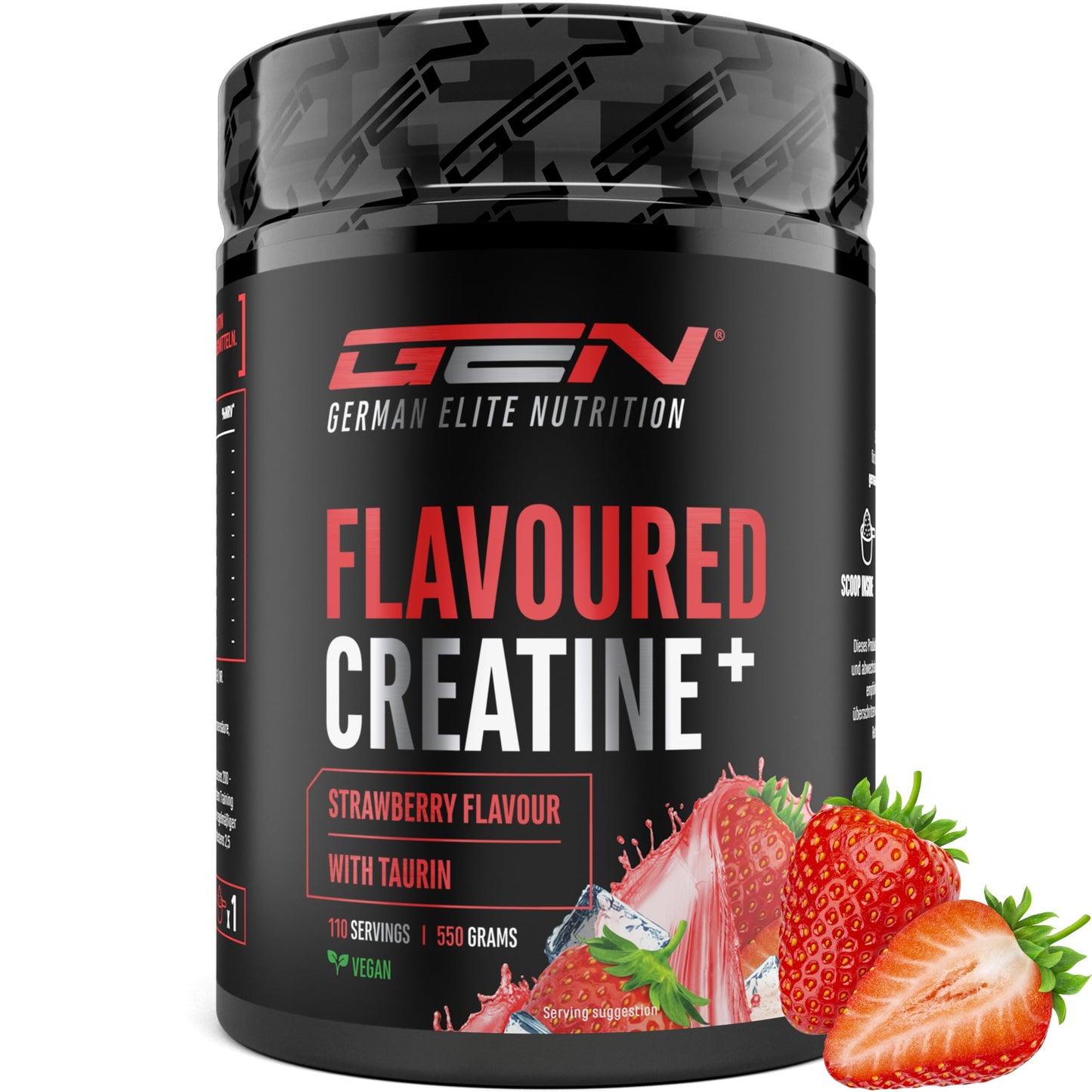 Aromatizēts kreatīna pulveris GEN GERMAN ELITE NUTRITION 550g | Zemeņu | ar L-taurīnu | vegāns, bez cukura