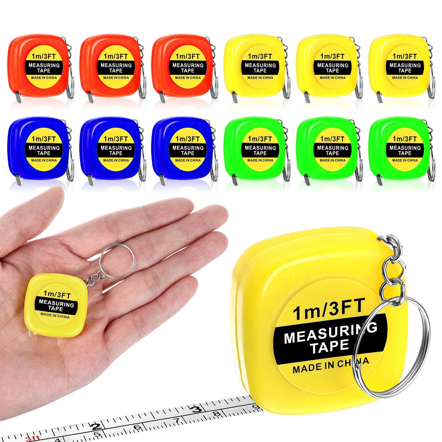Mini mērlente atslēgu piekariņš 100cm 12 gab., izvelkama ķermeņa mērlente, 4 krāsas