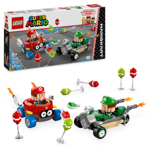 LEGO Mario Kart – Mazais Mario un Luidži, 2 būvējamas automašīnas, kolekcionējamās figūras, dāvana bērniem no 8 gadiem.