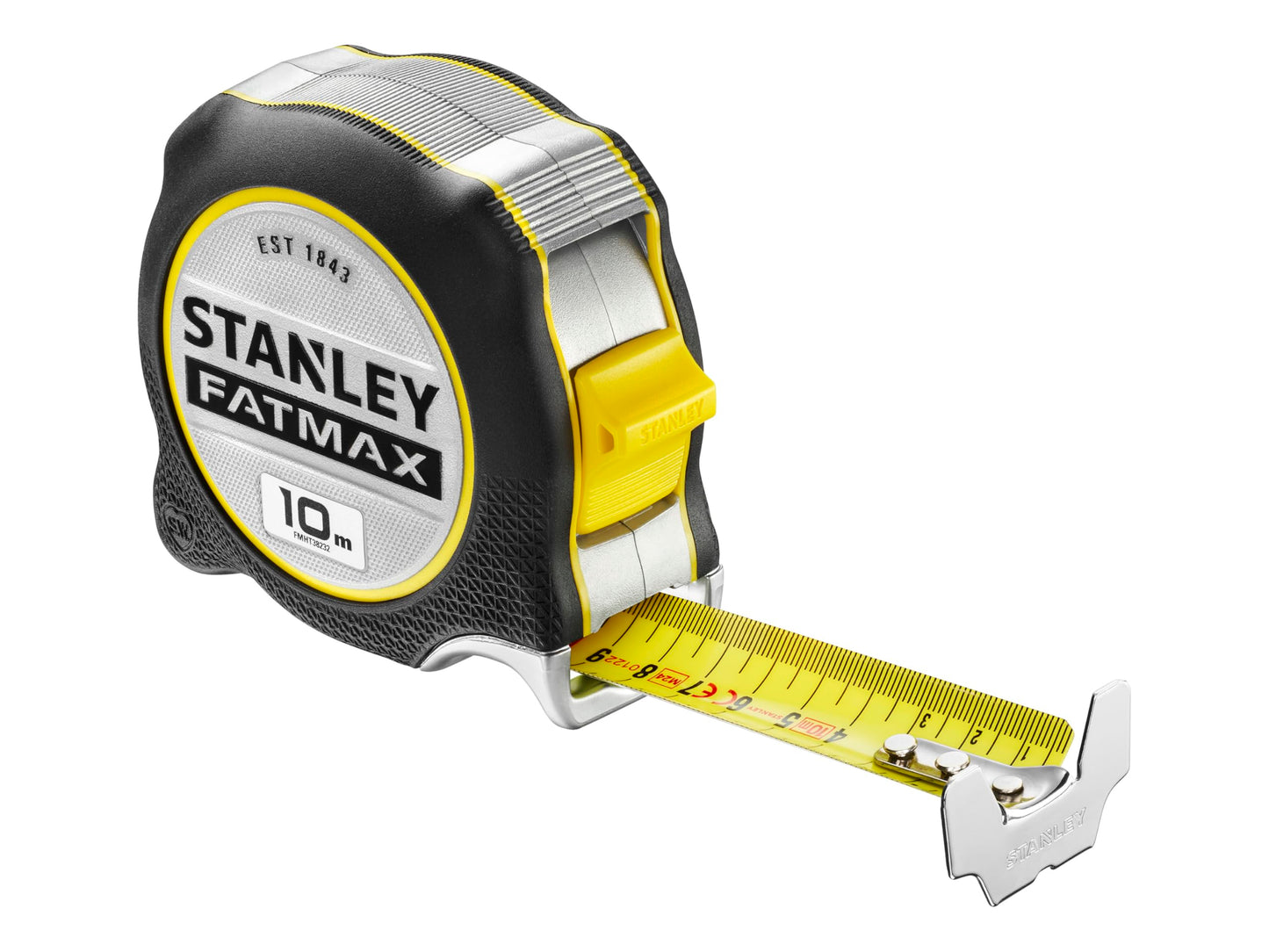 STANLEY FATMAX mērlente XTREME 10m, 32mm, ar integrētu pirkstu bremzi, BLADEAMOR pārklājumu, īpaši lielu āķi, abpusēju skalu, izturīgu Bi-Material korpusu FMHT38232-0