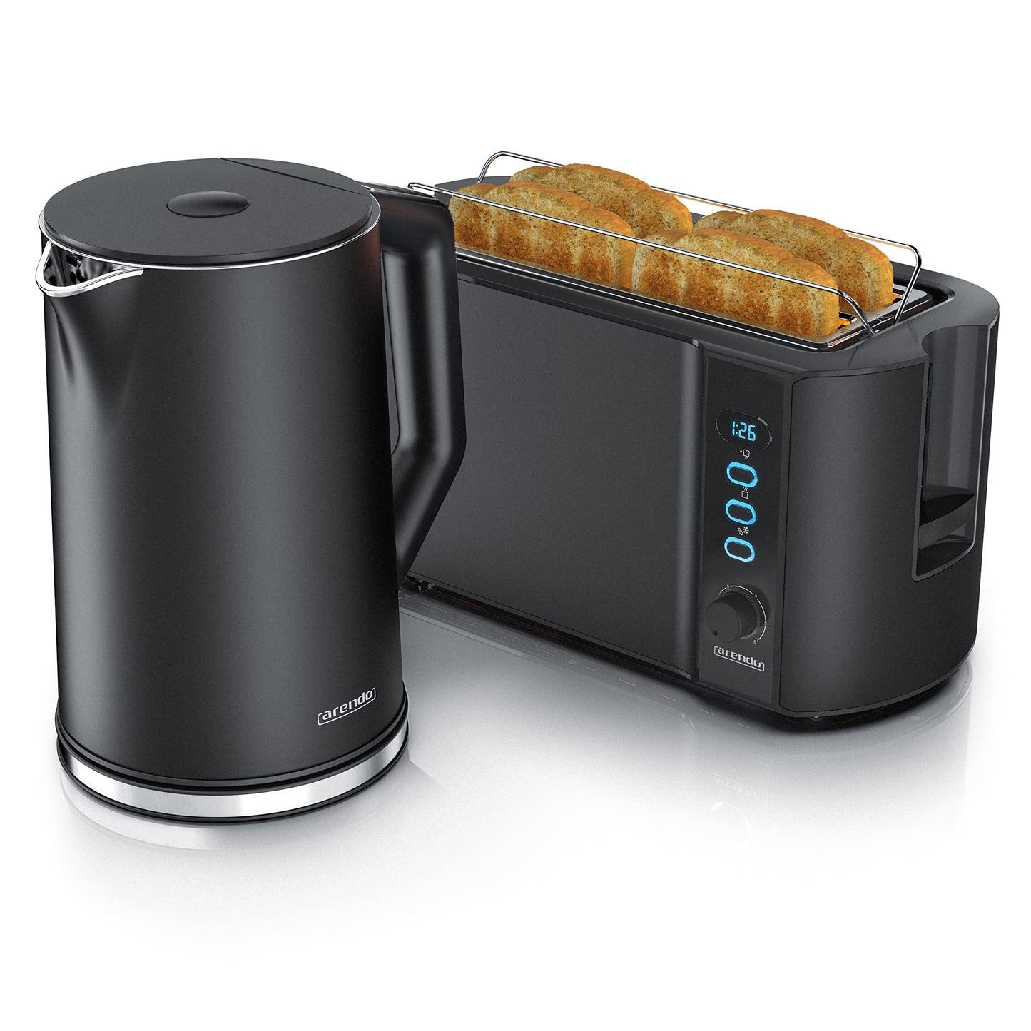Arbatos virdulys un tosteris komplekts Arendo, nerūsējošais tērauds melns, 1,5L, 40°-100°C, siltuma uzturēšanas funkcija, 4 šķēles, LED displejs, 6 apbrūnināšanas pakāpes, bulciņu uzsildīšanas uzgalis