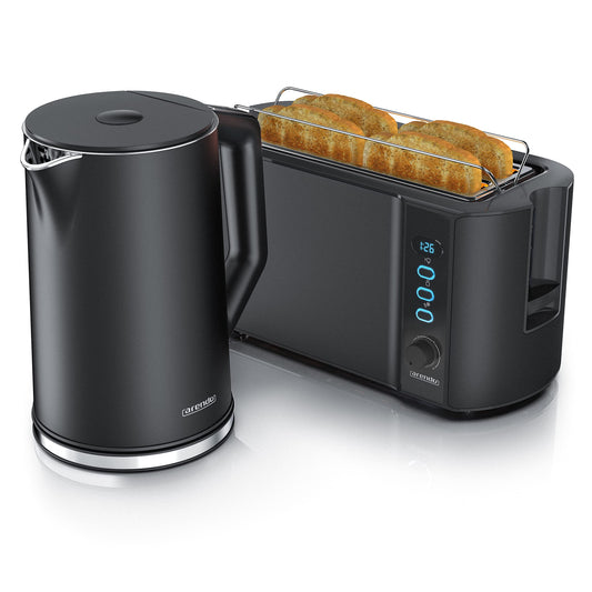 Arbatos virdulys un tosteris komplekts Arendo, nerūsējošais tērauds melns, 1,5L, 40°-100°C, siltuma uzturēšanas funkcija, 4 šķēles, LED displejs, 6 apbrūnināšanas pakāpes, bulciņu uzsildīšanas uzgalis