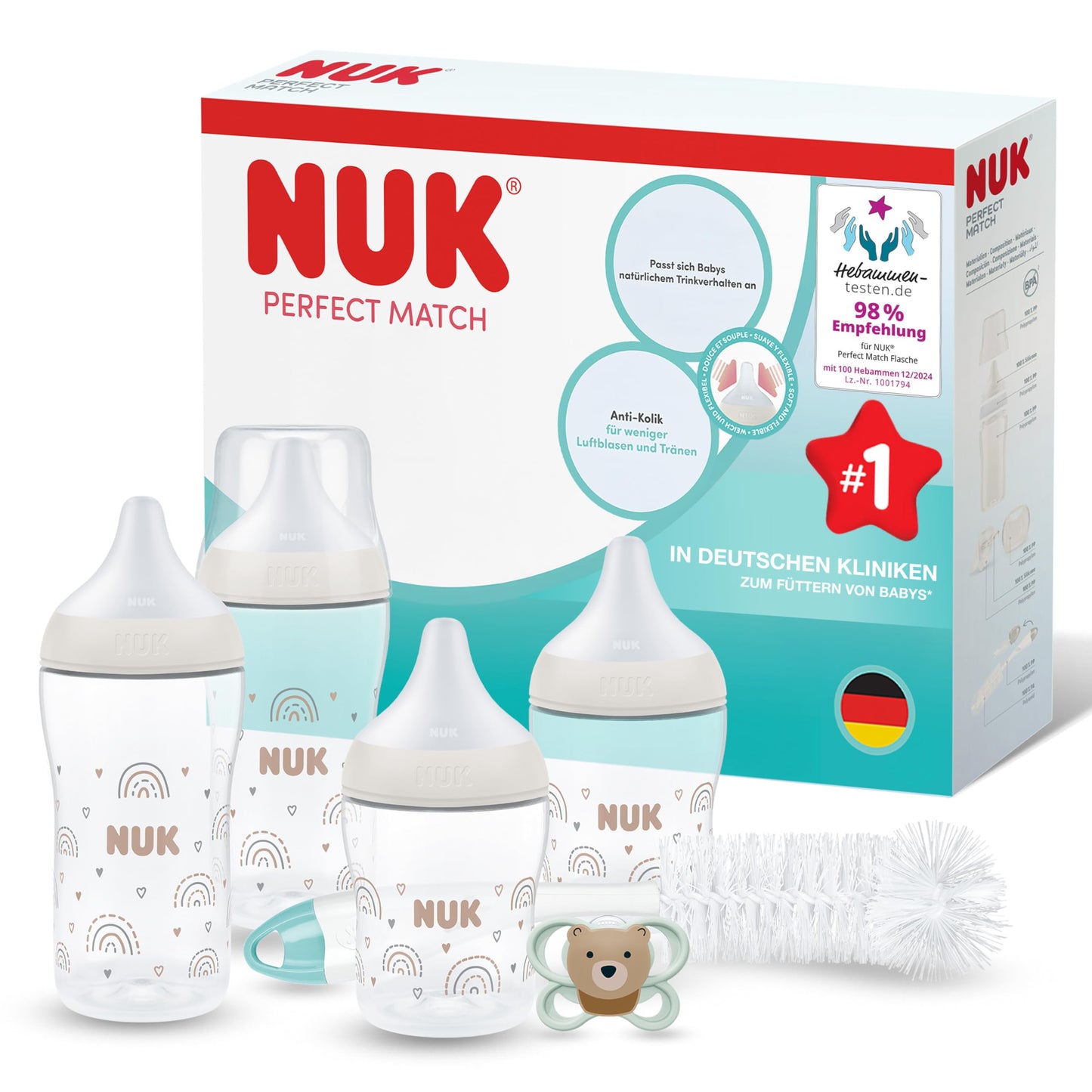 Zīdaiņu pudelīšu dāvanu komplekts NUK Perfect Match Perfect Start jaundzimušajiem, 0–6 mēneši, 4 pretkoliku pudelītes (150 ml, 260 ml), 2 knupji, 1 Air knupis, 1 pudeļu birste, varavīksne, 8 daļas
