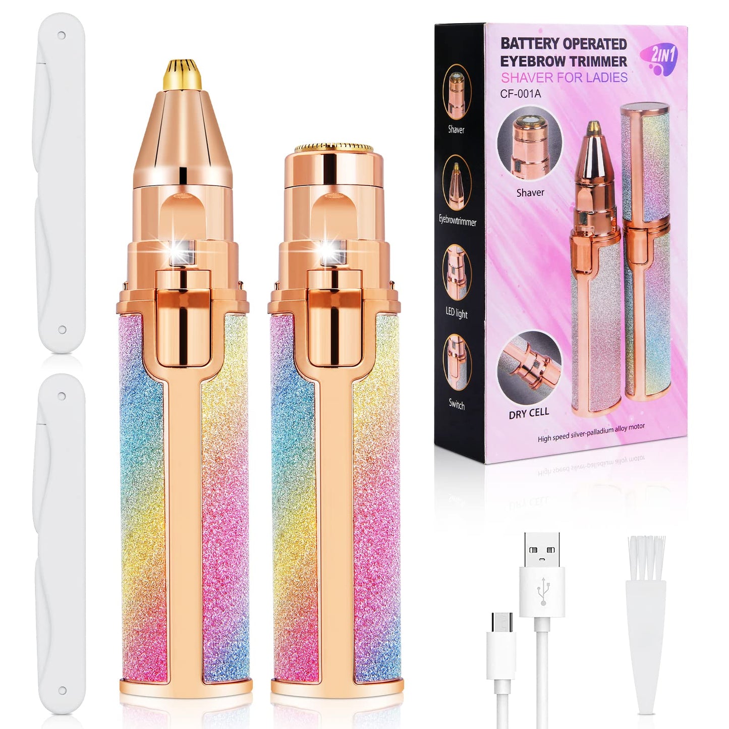 ACWOO uzlādējams uzacu trimmeris, 2-in-1 sejas apmatojuma noņēmējs sievietēm ar USB uzlādi un LED apgaismojumu, nesāpīgai uzacu, lūpu, zoda un vaigu kopšanai