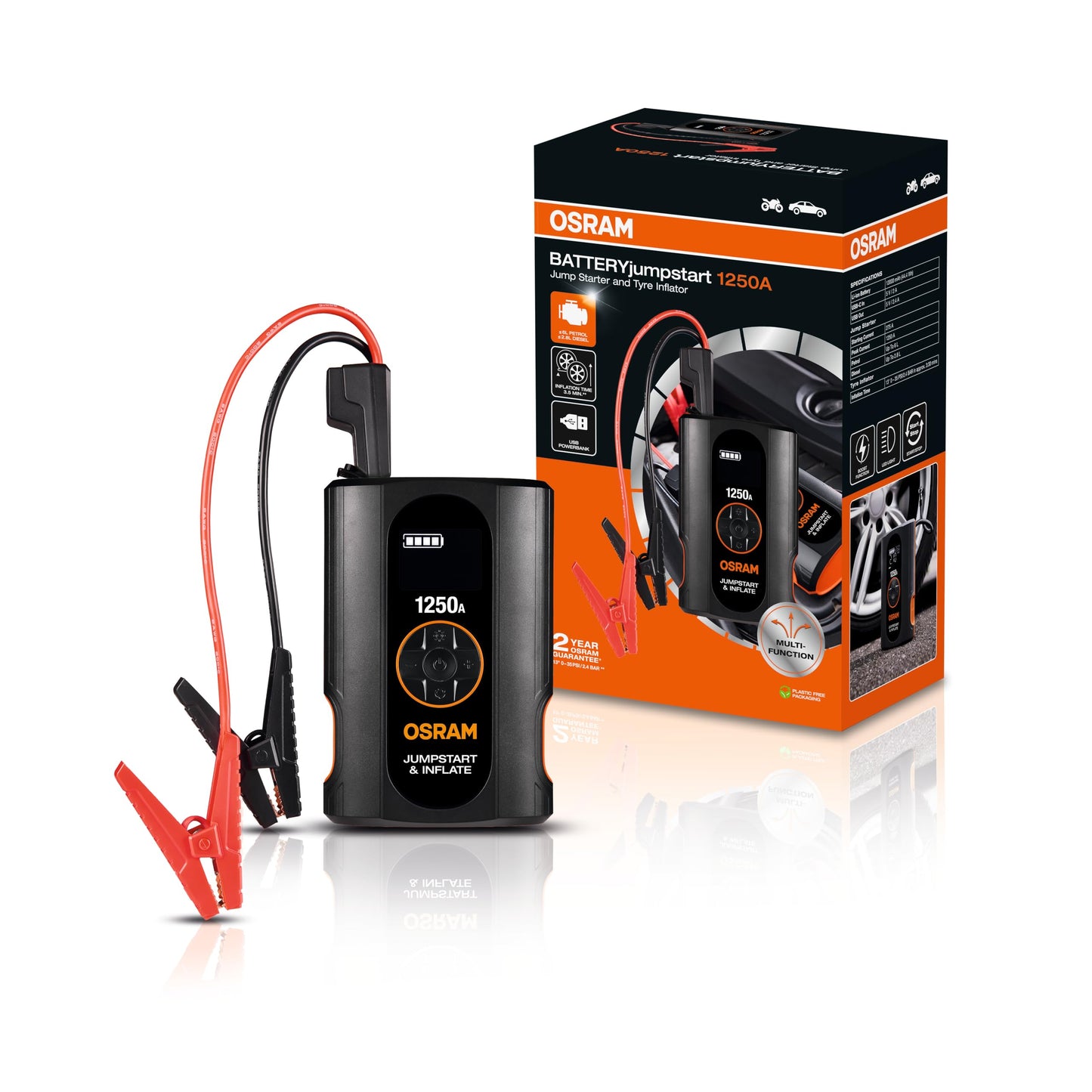 OSRAM BATTERYjumpstart 1250A, litija starthilēšanas iekārta 12V, auto startētājs ar powerbank un USB