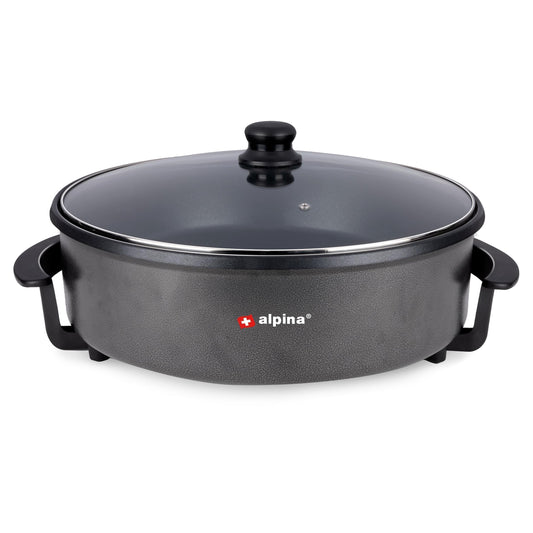 Alpina XXL cepamā panna Ø 42CM - daudzfunkcionāla, nelīpoša, 1500W, ar regulējamu termostatu, melna metāla.