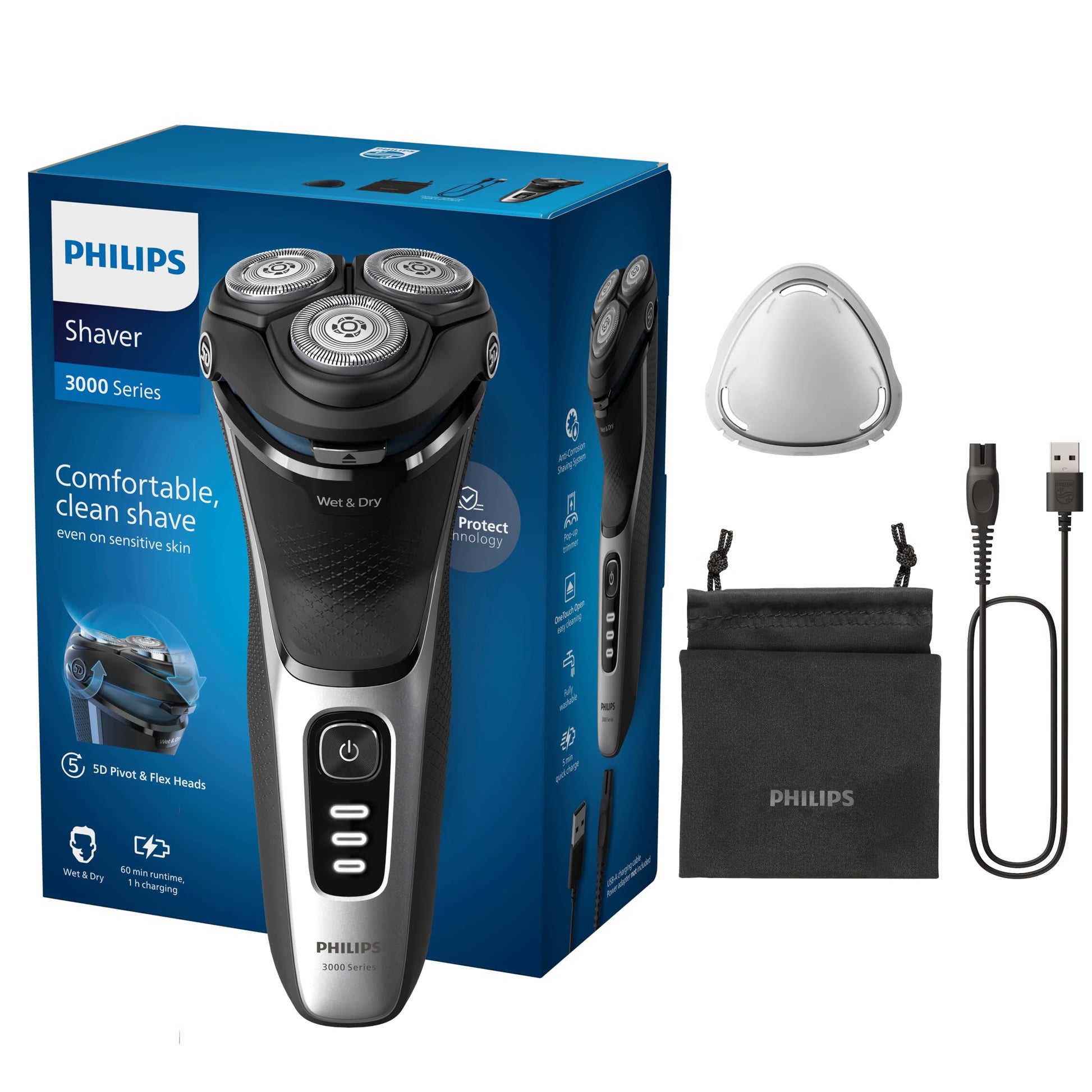 Philips skuveklis Series 3000 – Elektriskais mitrās un sausās skūšanās skuveklis vīriešiem melnā krāsā, ar SkinProtect tehnoloģiju, izvelkamu bārdas trimmeri un ceļojumu somu, bezvadu (modelis S3241/12)