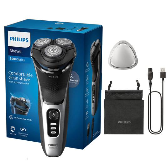 Philips skuveklis Series 3000 – Elektriskais mitrās un sausās skūšanās skuveklis vīriešiem melnā krāsā, ar SkinProtect tehnoloģiju, izvelkamu bārdas trimmeri un ceļojumu somu, bezvadu (modelis S3241/12)