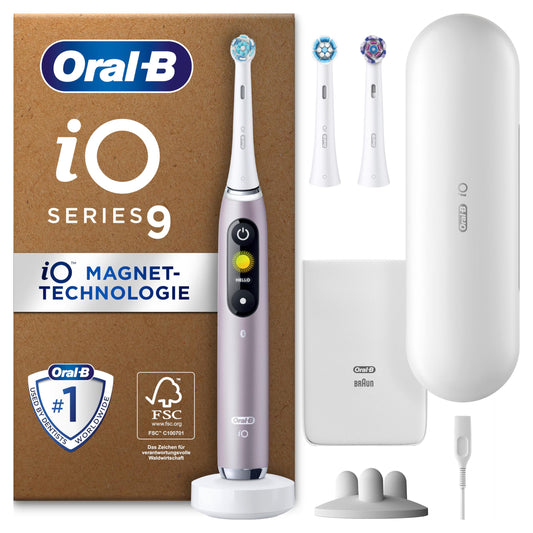 Oral-B iO Series 9 Plus Edition elektriskā zobu birste, PLUS 3 uzlikamās sukas, ieskaitot balināšanu, magnētiskais etuijs, 7 tīrīšanas režīmi, dāvana vīrietim/sievietei, izstrādājusi Braun, rozā