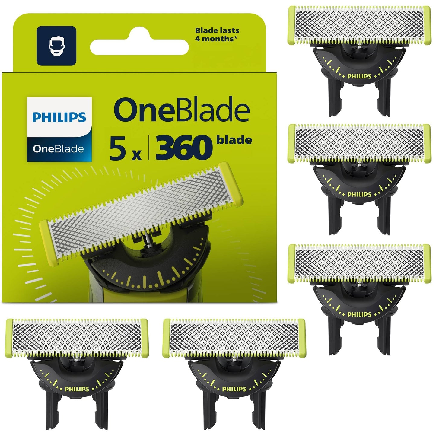 Philips OneBlade oriģinālie 360 asmeņi, piemēroti visiem OneBlade un Pro modeļiem, 5 gab. (modelis QP450/50)