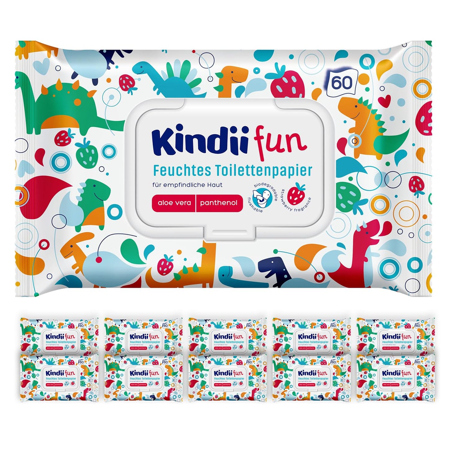 Mitrās tualetes salvetes Kindii Fun, 10x60 gab., ar kumelītēm un alveju, pH neitrālas, noskalojamas, 600 gab.
