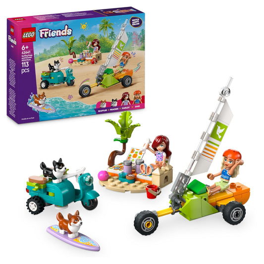LEGO Friends pludmales piedzīvojums ar suņiem - celtniecības rotaļlieta ar 2 minifigūrām, 2 korgija figūrām un sērfošanas dēli.