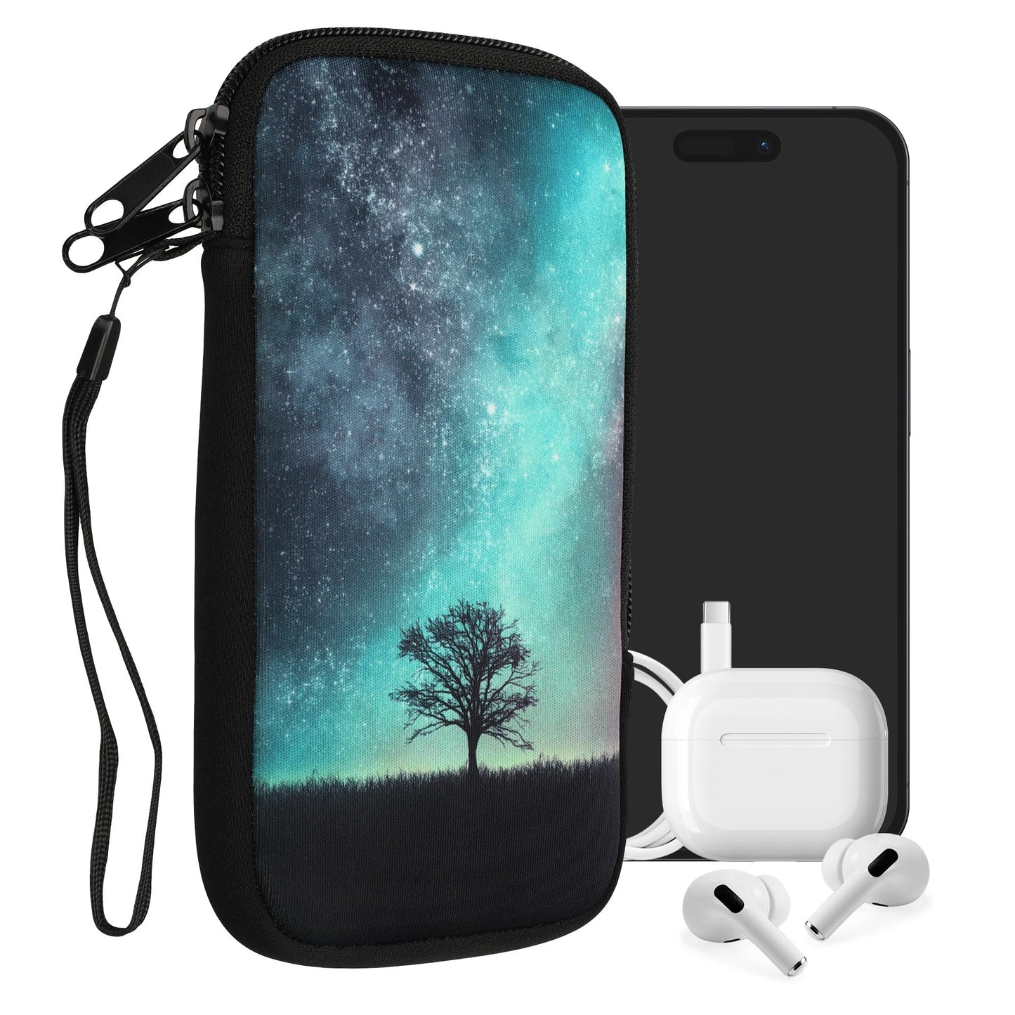 Tālruņa maks kwmobile viedtālruņiem XXL 7" Neoprēna telefona maciņš ar rāvējslēdzēju, Galaxie Baum Wiese, zils pelēks melns, 17,7 x 8,5 cm