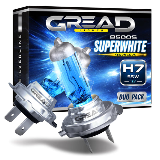 Auto H7 spuldze Gread, 12V 55W, super-white, priekšējā lukturim, 8500k, E marķējums, 2 gab.