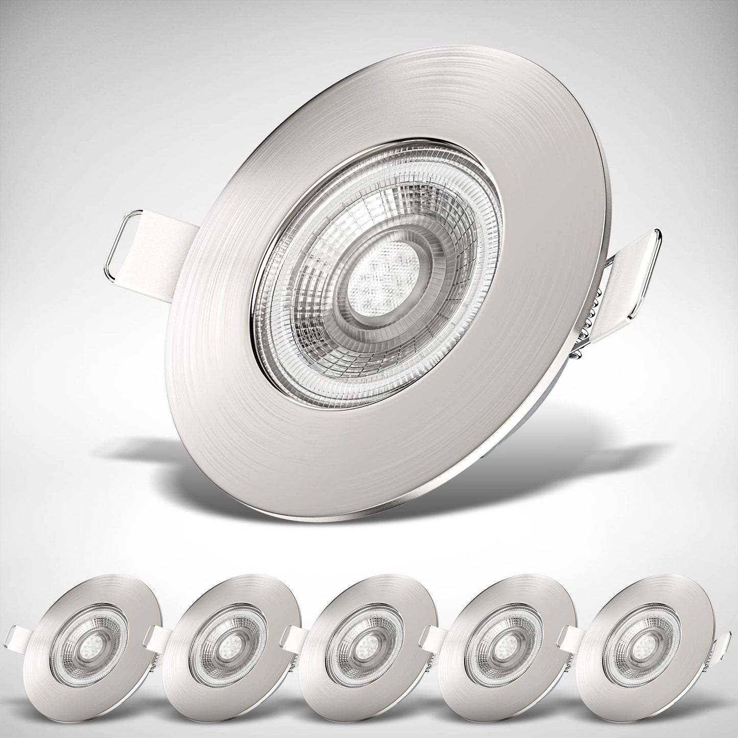 LED vannas istabas iebūvējamie prožektori B.K.Licht 6er Set 230V plakanie, silti balta gaisma, 68mm montāžas caurums, 90x25 mm, matēts niķelis