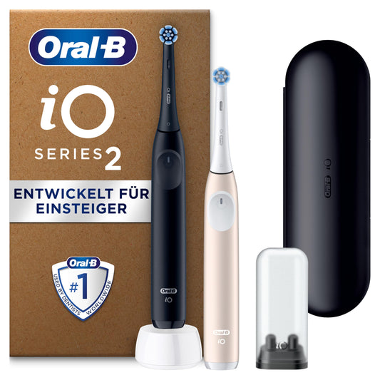 Oral-B iO Series 2 elektriskā zobu birste, elektriskā zobu birste, DUO iepakojums, 2. rokturis, 3 tīrīšanas režīmi zobu kopšanai, ceļojumu etuijs, uzlikamo suku etuijs, izstrādājusi Braun, nakts melns, mierīgs rozā
